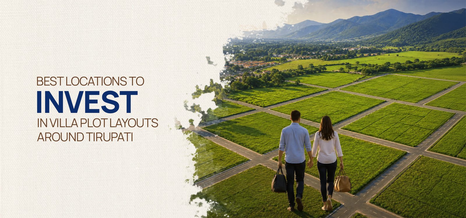 A couple carrying travel bags walking hand in hand along the roads of a green villa plot layout, with hills in the distance around Tirupati