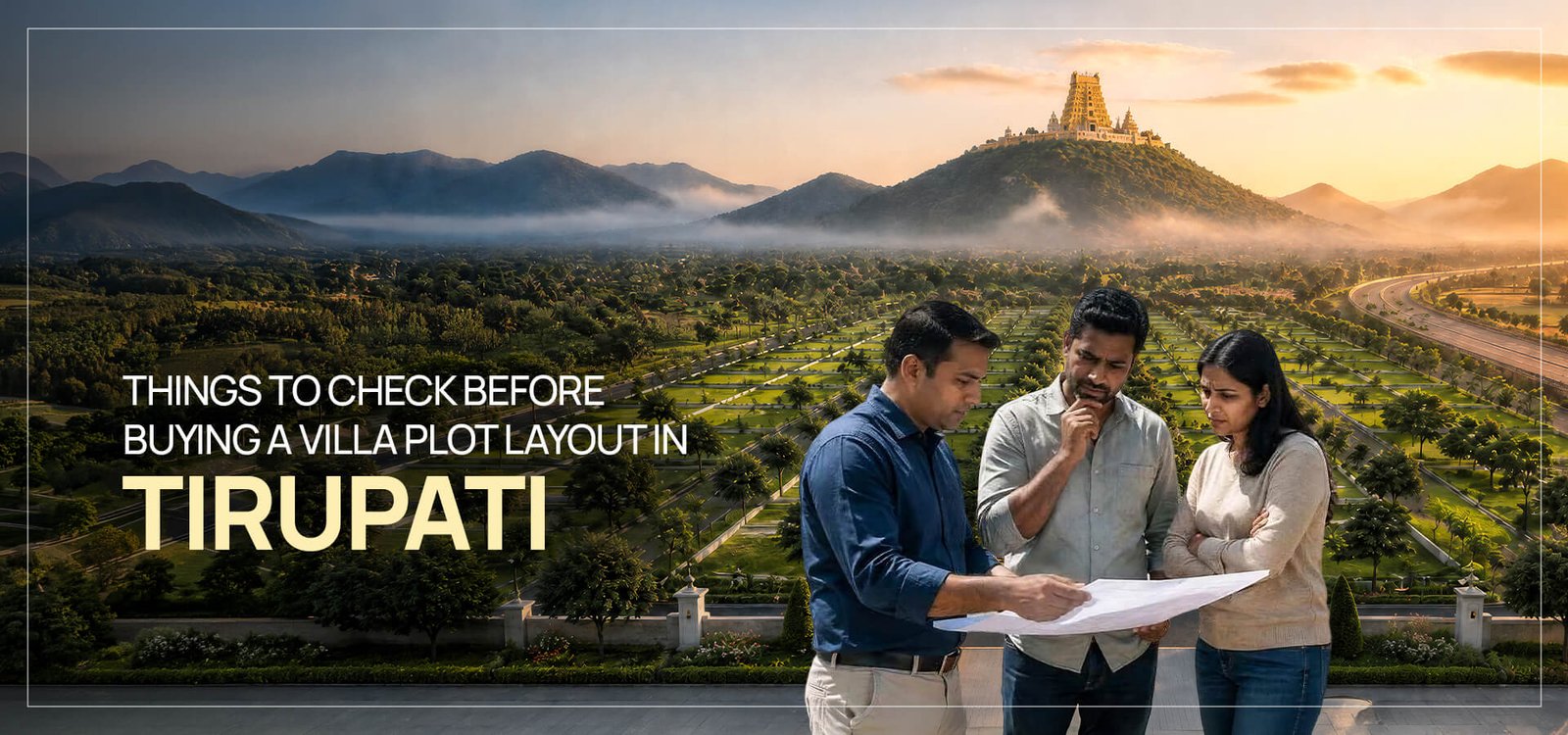 Three people reviewing a layout plan in front of a landscaped villa plot community near Tirupati, with a hilltop temple at sunrise