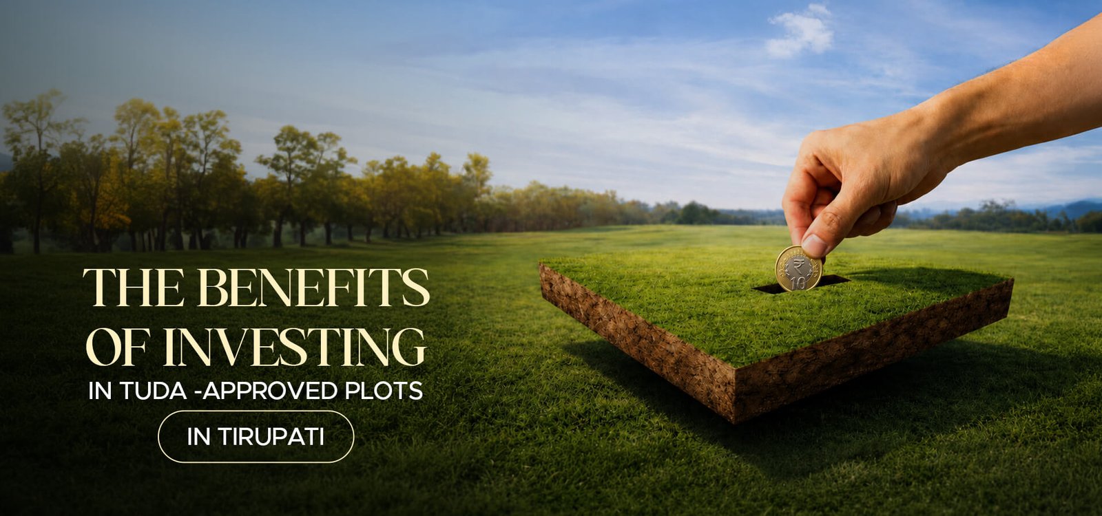 A hand dropping a coin into a slice of green land, representing investment in TUDA-approved plots in Tirupati